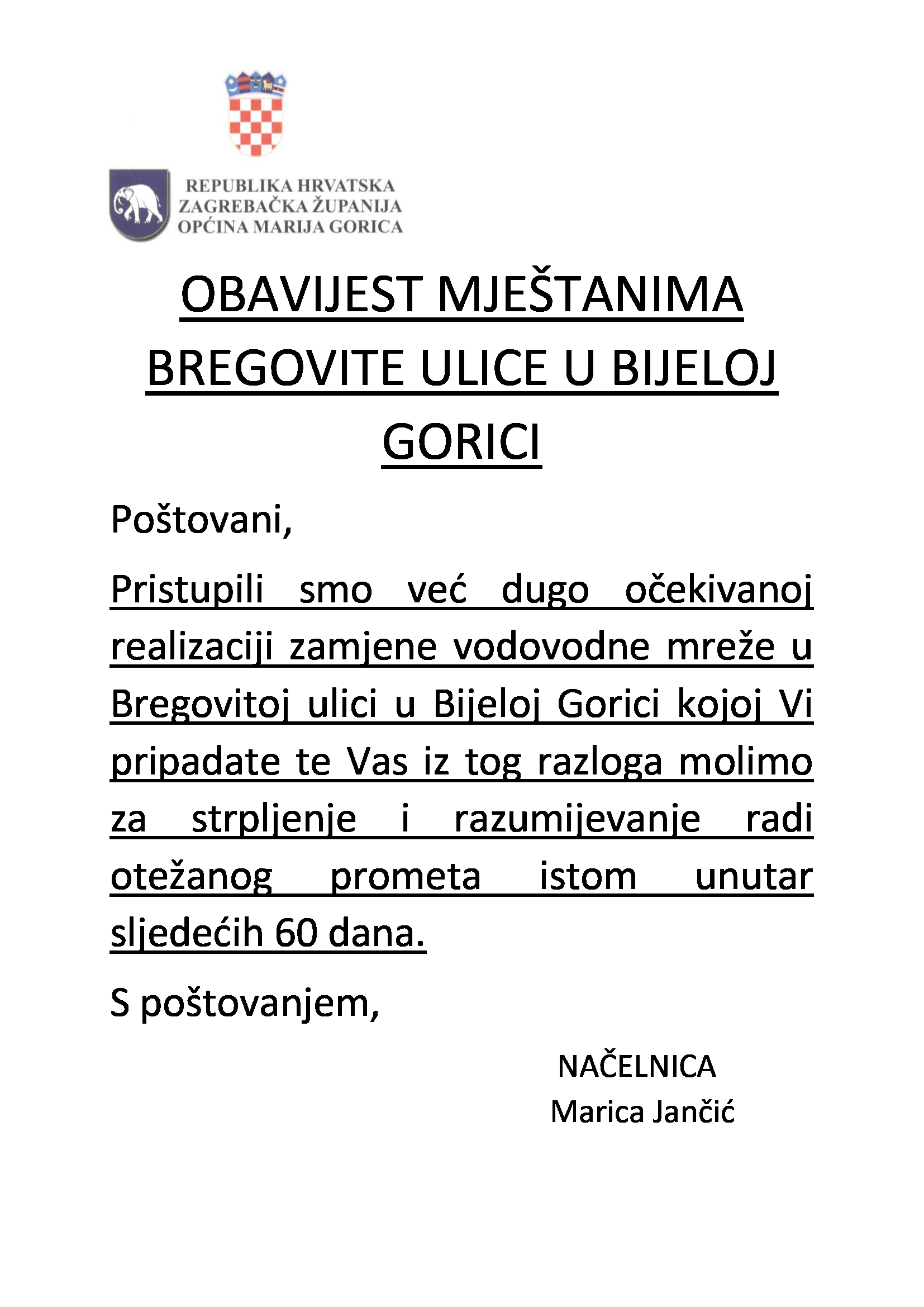 OBAVIJEST MJEŠTANIMA BREGOVITE ULICE U BIJELOJ GORICI kopija